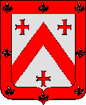 D'argent au chevron, accompagné de
trois croix ancrées, le tout de gueules, à la bordure du même, chargée de
huit glands d'argent, tigés et feuillés du même, placés la queue en bas