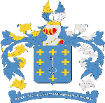 D'azur à la clé d'argent,
le paneton en haut et tourné à dextre, accompagnée de huit croisettes d'or;
l'écu sommé d'un heaume d'argent couronné, grillé, colleté et liseré
d'or, doublé de gueules, aux lambrequins à dextre d'azur et d'or, à
senestre d'azur et d'argent. Cimier: la clé de l'écu entre deux demi-vols
adossés, coupés à dextre d'or et d'azur, à senestre d'azur et d'or.
Devise: OFFICIO NEC TE CERCTASSE PRIOREM PEONITEAT d'argent sur un listel
d'azur